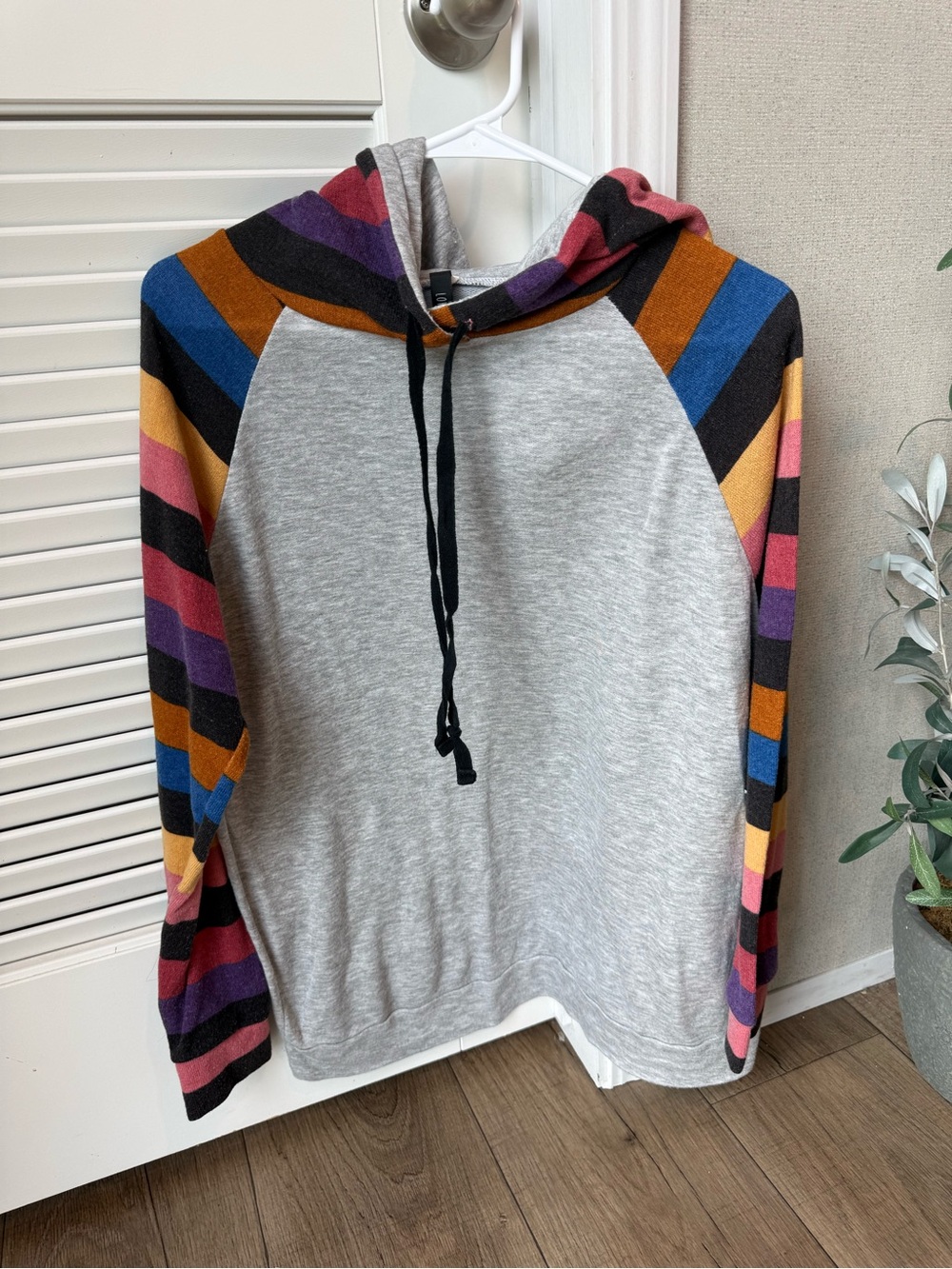 Lovely Souls Gray Hoodie Sweatshirt with Multicolor Striped Sleeves